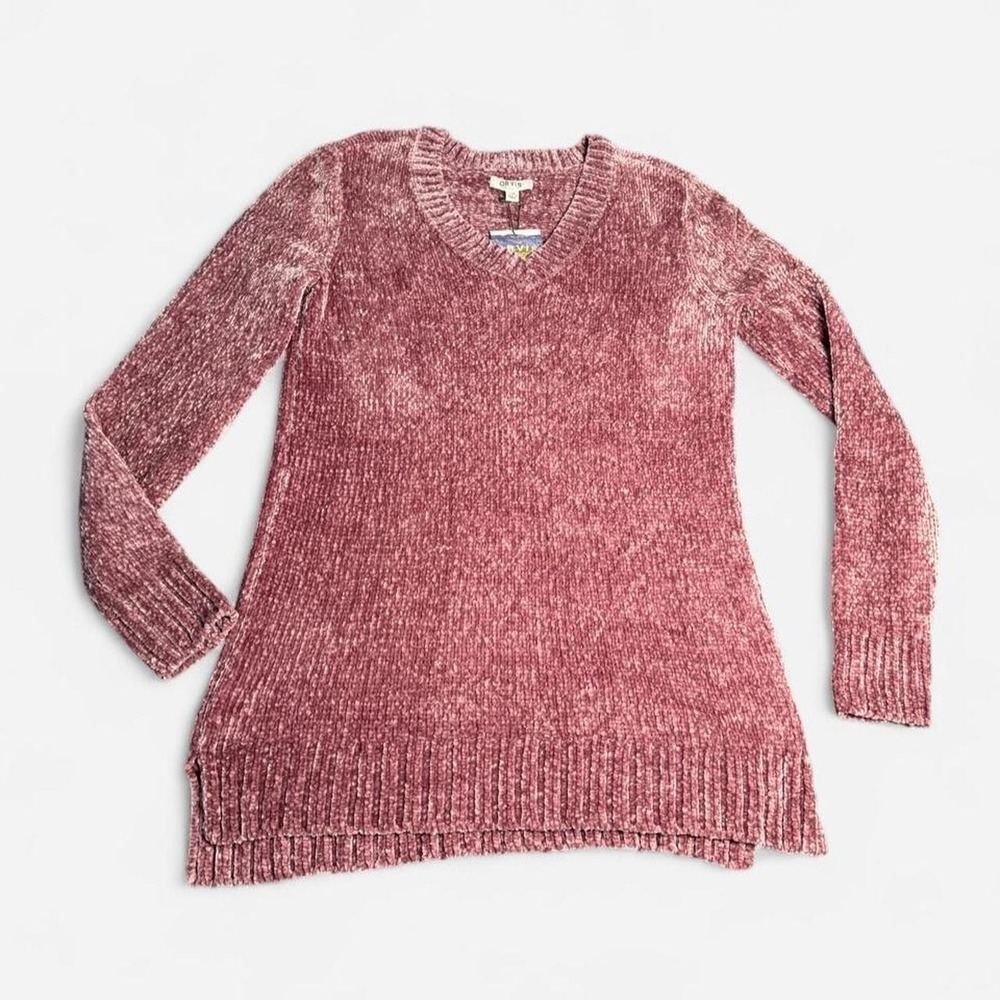 Orvis Chenille V-Neck Sweater Womens Size Large Mauve Pink Soft Plush Knit Tunic - Picture 2 of 8